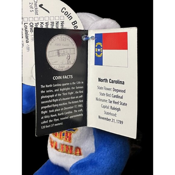 2001 Limited Treasures North Carolina State Quarter Coin Bean Bear Plush - Picture 5 of 5